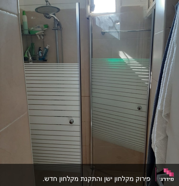 מקלחת עם דלת זכוכית, ראש מקלחת ומדף עם מוצרים